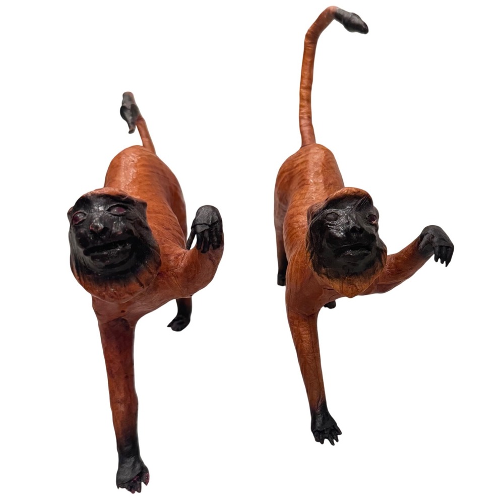 Vintage Leather Monkey Figurines Set of 2 MCM Boho Woodland‎ Decor glass eyes